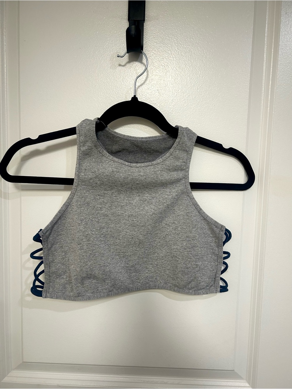 Free People Gray Ribbed Crop Tank with Navy Side Lace-Up